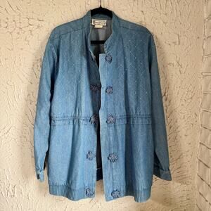 Vintage Saint Germain Paris Denim Jacket Large Quilted Western Boho Frog